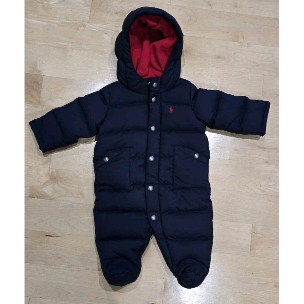 Ralph Lauren 3M Baby Boy Quilted Navy Bodysuit Logo Snaps Hooded, Boys Snowsuit